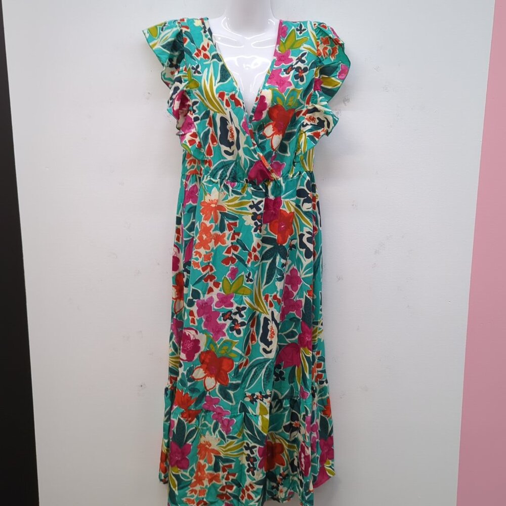 Blomchic Floral Wrap Patchwork Ruffle Cap Sleeves Women's Dress US 12 Emerald